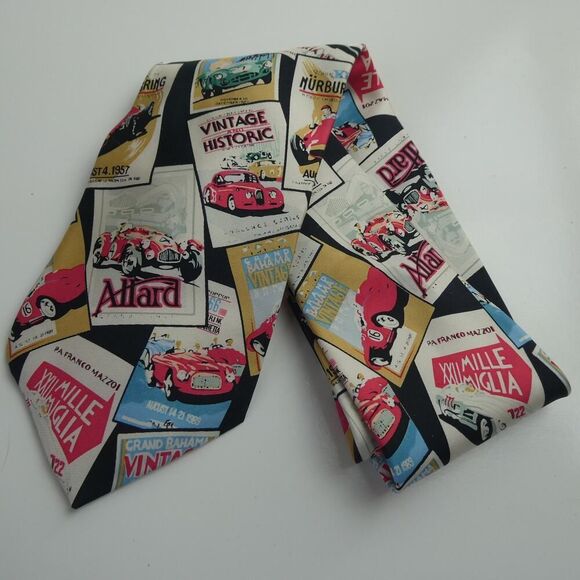 RM Style Vintage Race Car Advertisement Silk Tie Autographed by Unknown Mod - Picture 1 of 7